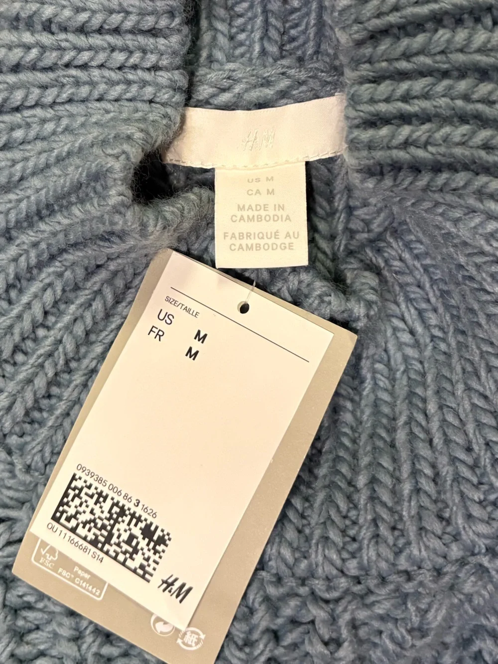 New H&M Powdered Blue Chunky Ribbed Knit Turtleneck Sweater Size M